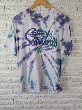 SeaWorld Women's XL T-Shirt Blue Tie-Dye 100% Cotton Jersey Short Sleeve NOV57E
